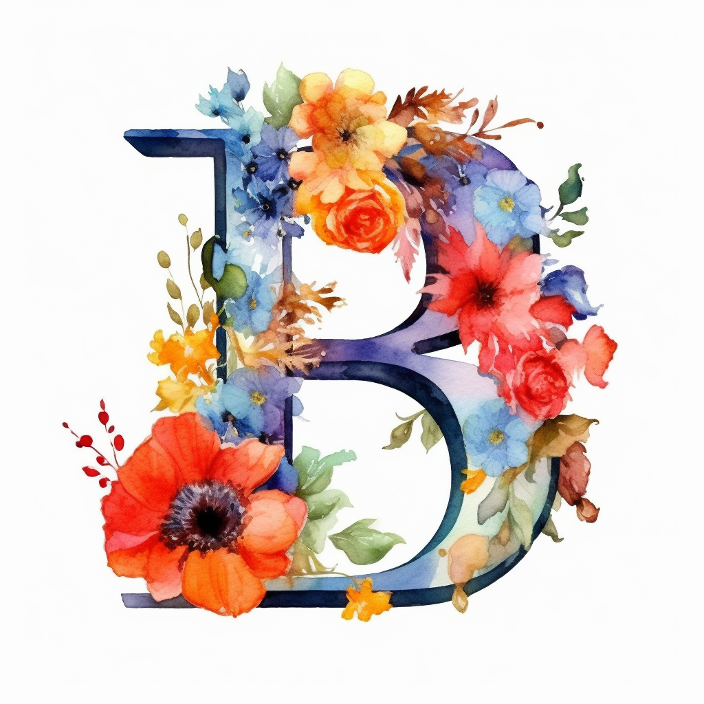 watercolor letter B with colorful flowers clipart, single clipart, high ...