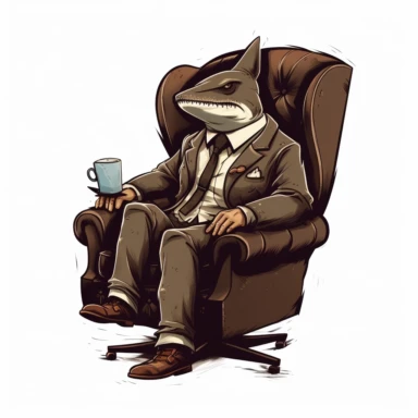 mafia shark boss sitting in boss chair, low angel view, logo design, clipart, brown colors, white background