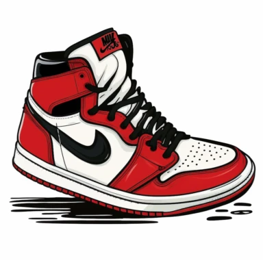 a Nike Air Jordan 1 Chicago shoe with rounded heel hand drawn in Randy Hollar style cartoon, 1970s, clipart, white background, red, black, white, simple,