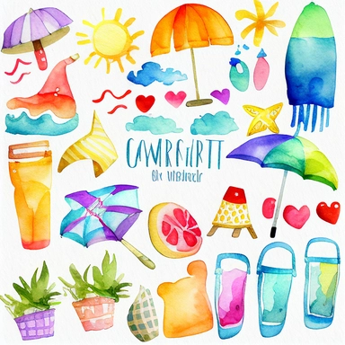 Please create a series of watercolor clipart illustrations featuring different items related to summer. Each illustration should be drawn in a charming and playful style that captures the beauty and vibrancy of the season. Items to include can be beach umbrellas, flip flops, sunglasses, ice cream cones, sandcastles, and seashells. Please use a coherent color palette that is bright, cheerful, and evokes the feeling of warmth and sunshine. Colors that are associated with summer, such as yellows, o