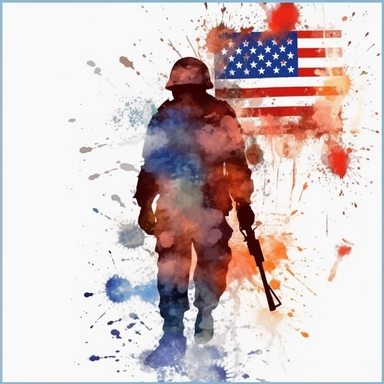 Watercolor Drawing American flag and soldier silhouette clipart.