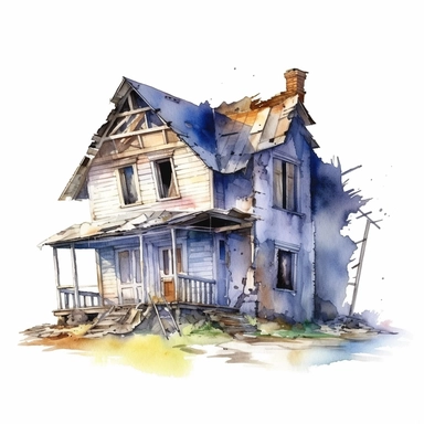 watercolour small broken and abandoned house, clipart on white background, no watermark, highly detailed, professional color gradation, clean sharpness