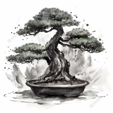 Sumi-e style, black watercolor bonsai , clipart on white background