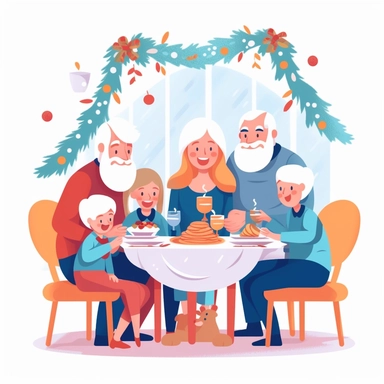happy family near the Christmas tree parents grandparents and child has a Christmas dinner at home serene feeling flat illustration clipart white background