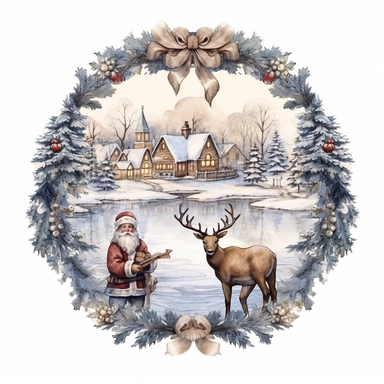 vintage design, advent wreath around, christmas theme Watercolor Cute santa claus wearing Clipart Collection in beautiful winter landscape with a lot of snow and a small lake and a small town with church, moose, advent wreath around, christmas theme, detailed, isolated, white background, one pattern