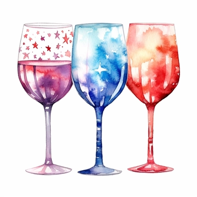 watercolor american patriotic set of three wine glasses clipart illustration, centred, vibrant colors, add fireworks, on a white background, no watermark, no logo, no writing