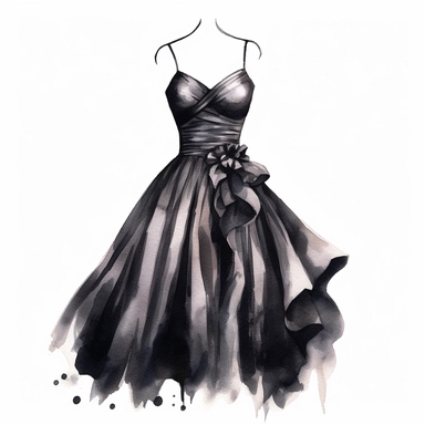 Watercolor black elegant party dress drawing, illustration clipart, high detailed, white background, digital art