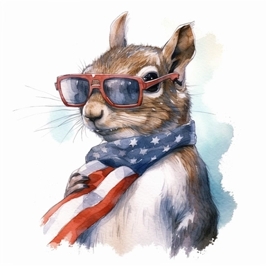 an Eastern gray squirrel, American flag scarf and sunglasses, tree branch of acorns background, colorful ink wash paintings, anime-inspired character designs, realistic animal illustrations, 2d game art, quadratura, clipart, on white background,