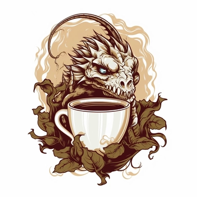 vector art of drahon drinking coffee from a skull add flourishes around the dragon clip art with white background