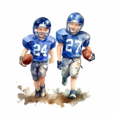 American football Player kids boys in a blue shirt, watercolor style, clipart, white background