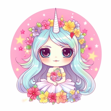 kawaii cute, unicorn fairy princess, six wings, tiara, unicorn horn, highlight hair, flowers, rainbow long cheeta style dress, clipart, sticker, retrowave style, no background, hd