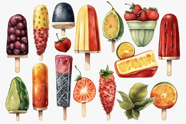 realistic summer clipart digitally painted and retouched clip art, popsicles, iso 200, vintage cut-and-paste, white background, blink-and-you-miss-it detail 03,