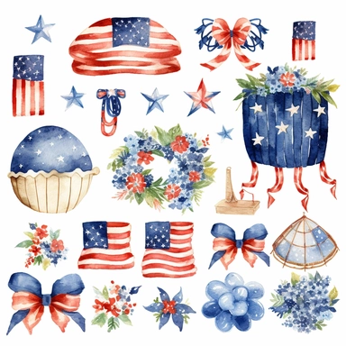 watercolor 4th of july patriotic decorations, illustrations clipart set, simple, , cartoon elements , bunting, ribbon elements, door wreaths, different variants , separate elements with a margin