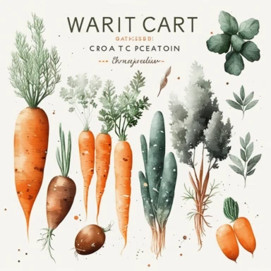 carrot, rustic garden watercolor clipart on white background, brown green terracotta orange wood white grey