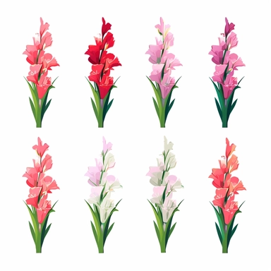 Flat colored design of Gladiolus clipart,multiple angle design sheet, little - flat Graphic Design, white background