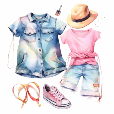 elements of cute Korean style t-shirts, blouses, jeans, purses , flat shoes, sneakers, hats, dresses, skirts for a cute sweet girl cliparts in watercolor on white background
