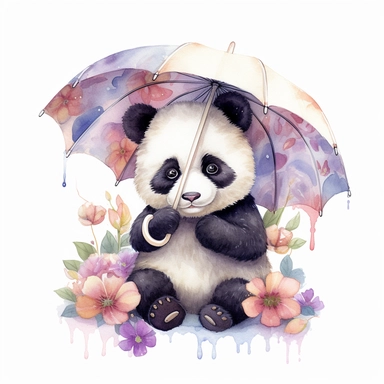 little baby panda with an umbrella, against a white background, Super Clear, Light angle, Illustration, best quality, masterpiece, floral clipart. ultra-detailed, illustration, highly detailed, watercolor_ medium
