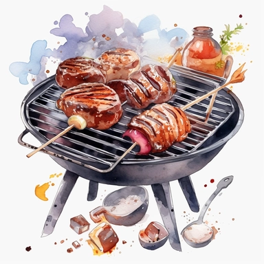 Watercolor BBQ Clipart - Barbeque grill kebab clipart , Watercolor Clipart , original hand drawing, style of the artwork, mood of the artwork, white background, 8K quality, ultra detailed , clipart, white background, High Quality, ultra detailed