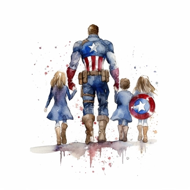 Captain America holding hands with his three kids, all walking forward, seeing from the back. Father's day clipart, watercolor clipart, watercolor Illustration, Sublimation graphics, by Beatrix Potter, single design, print on demand image, PNG transparent background, white background, 8k