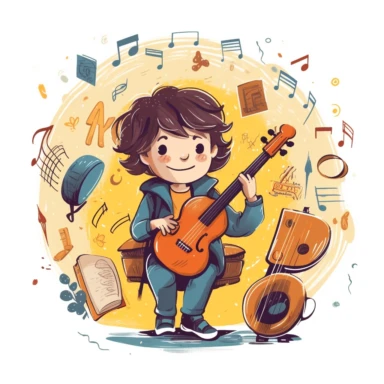 Music notes and instruments, a young child singing and wearing a backpack, vector style graphic, positive vibe, clipart, single design, white background