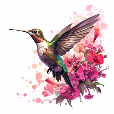 A whimsical hummingbird hovers near a cluster of vibrant fuchsia flowers, its iridescent feathers shimmering in the sunlight of the Spring garden, ,clipart, on a white background.