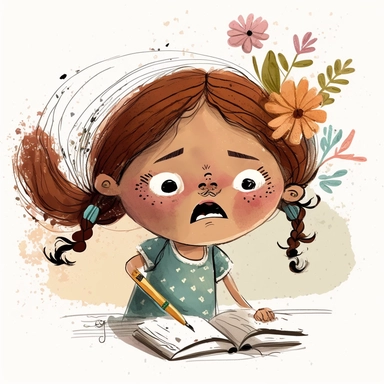 watercolor clipart, Girl doing the exercise in the book, frustrated, math, girl hold pencil