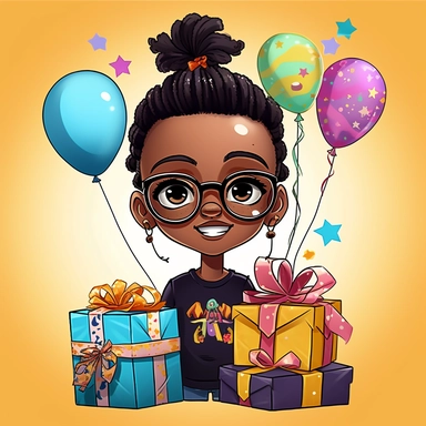 a melanated tomboy woman with box haircut with dreads wearing black rimmed glasses with a birthday theme clipart
