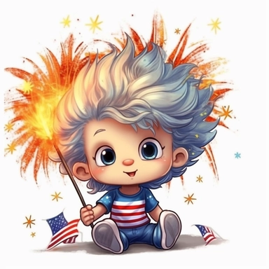 Super cute, American flag with happy toddler army Sublimation Clipart, Cartoon funny, Cute anime, Very detailed, firework background