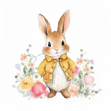 Watercolor svg clipart of a cute cartoon adorable Peter rabbit kawaii animal, illustration by Beatrix potter , pastel yellow jacket with yellow flowers, png isolated on white background