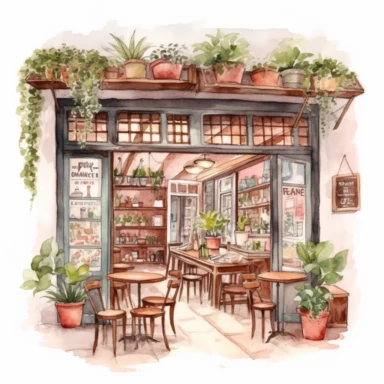 Italian vintage shop clipart, Watercolor, detailed, interior design, Italian cafe interior clipart, Italian cafe illustration, white background, no caption, no text