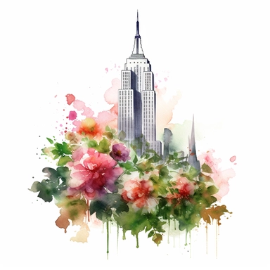 Empire State building clipart, watercolor style, surrounded by flowers, white background