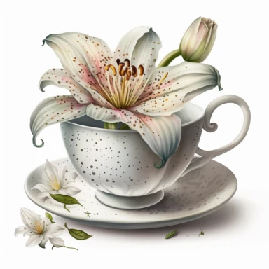 Watercolor realistic detailed white tiger lily flower in a tea cup clipart, white background, no text