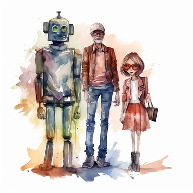 An evil robot standing next to three hipsters. clipart, aquarell, UHD