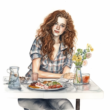 watercolor, hyper realistic, white background, white margins, 16k, ultra detailed clipart, cut out image, hand-drawn, whimsical a young woman in her mid-twenties, sitting by a table with checkered tablecloth. She has long curly hair. The bistro table is decorated with a small vase of fresh flowers, and there is a croissant on a plate next to her coffee.