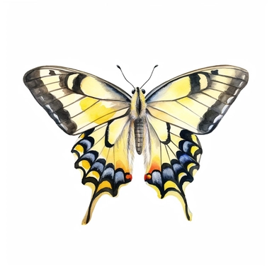 Pale Swallowtail Butterfly, clipart, pale yellow and black, watercolor style, solid white background