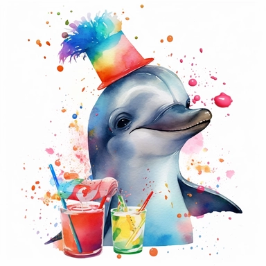 please create watercolor clipart of a dolphin, smiling, wearing party prop glasses and blowing party popper, colorful