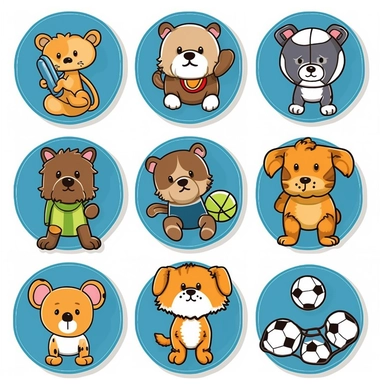 Design a clipart set that depicts animals playing various sports such as basketball, soccer, volleyball, tennis, and football. Select animals that are commonly associated with the specific sport, adding also images of other animals that would be unexpected but depict a playful atmosphere. Add extra details like uniforms and equipment like balls, nets, and rackets. Each animal should be depicted doing a specific action associated with the sport, such as a lion dribbling a basketball or an eagle s