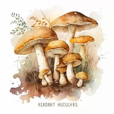 watercolor, a bunch of Birch polypore mashrooms in pastel beige color, a lot of details, good quality illustration, clipart, white background