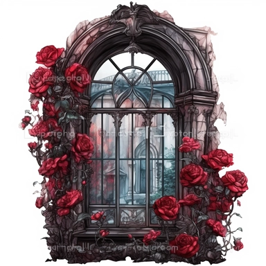 a gothic victorian window, overgrown with very big red roses beautifully designed, clear view on a victorian city, in the style of dark intense colors, watercolor, clipart, white background