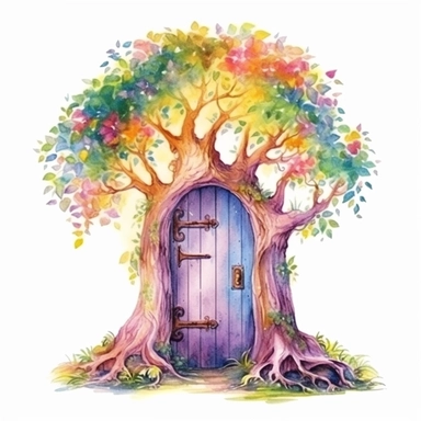 watercolor magical tree door clipart, isolated on white background