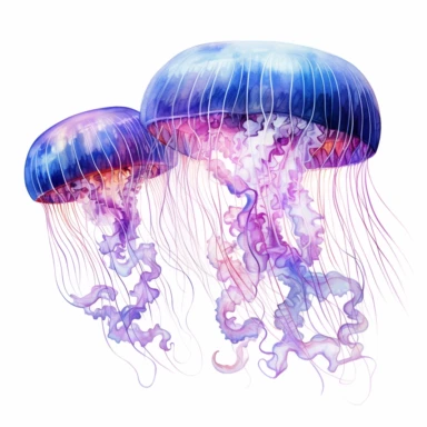 As the paintbrush gracefully danced across the paper, the ethereal glow of watercolor jellyfish emerged, capturing the mesmerizing beauty of the deep sea. clipart on white background