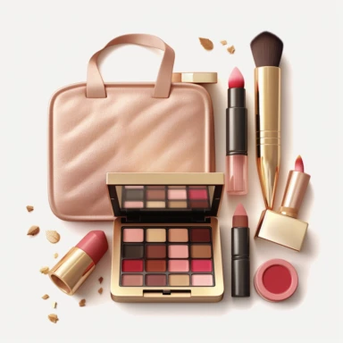 makeup cosmetics, pink gold makeup bag, lipstick, nail polish, eye shadow, blush makeup, clipart style, fashion girl, procreate illustration, to separated the products, on white background, hyper detailed, high resolution, illustration, 3D