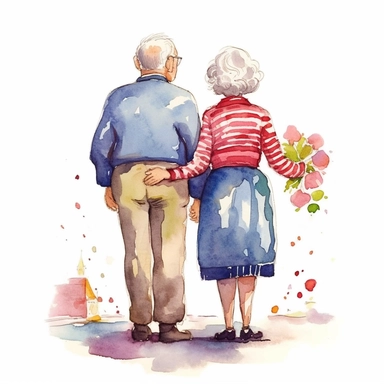 a heartwarming vibrant saturated cartoon watercolor clipart image with a white background, featuring cute sweet extremely happy elderly couple from the back