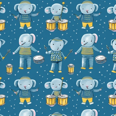 cute baby elephant as a marching band cymbals player, nursery wallpaper clipart naive art