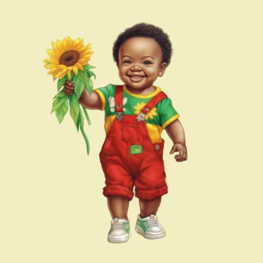 Happy baby juneteenth boy with red, green, yellow cloths and flower, full body, hand draw Illustration clipart, 4K, extremely detailed