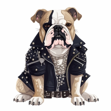 English bulldog dressed as a rocker with very stylish, clear and detailed white background clipart text at the beginning of the description. The English bulldog is dressed in a black leather jacket adorned with metal studs and zippers, paired with black leather pants and combat boots. The jacket has a classic collar and a cropped silhouette, creating a stylish and edgy look for the bulldog. The outfit is complete with a black leather collar with silver hardware, matching the jacket. The image is