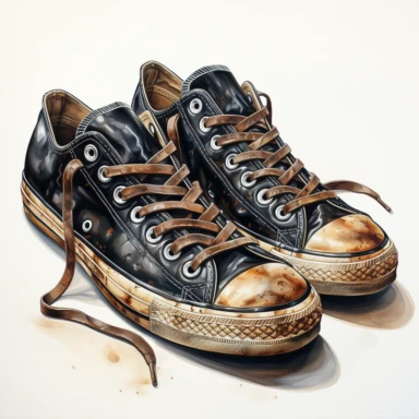 hand drawn , watercolor, hyper realistic, white background, white margins, 16k, ultra detailed clipart, cut out image, hand-drawn, ultra HD, sharp and clean art , a black pair of vintage old worn sneakers 1940 -1950 era , capturing the romantic and feminine aesthetics often associated with vintage fashion and travel, Clipart