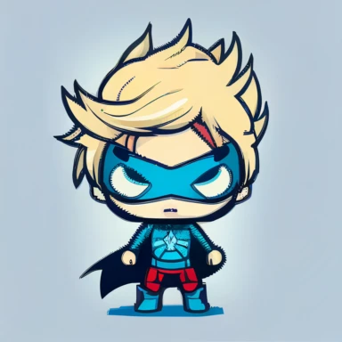 kawaii superhero, clipart, front design, blonde kid, lighting, traje azul, mini