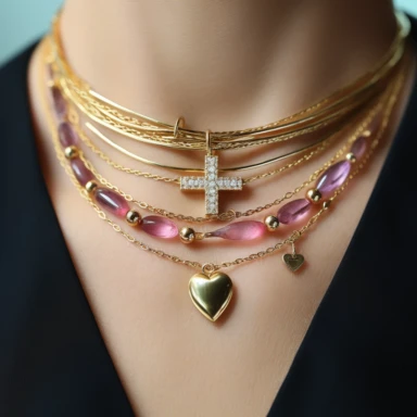 three-layer necklace with yellow gold paper clip chain, color gemstone mini cross charm embellishments around, with pink diamond heart shaped center pendant, ballerina core fused with norm core