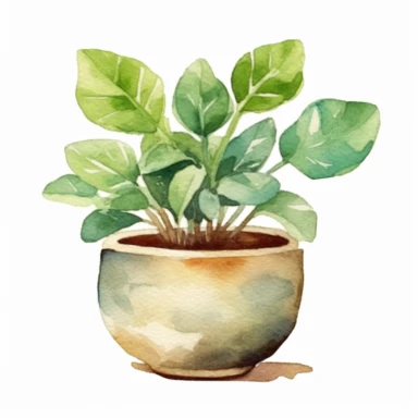 A cozy watercolor clipart image depicting a delightful house plant in a warm, earthy pot. The plant's lush green leaves and delicate flowers are painted with soft brushstrokes, creating a sense of comfort and tranquility. The pot, with its textured surface and natural hues, adds a touch of warmth and rustic charm. This inviting clipart is perfect for designs that seek to create a cozy and welcoming atmosphere, bringing the beauty of nature into any project. /clipart